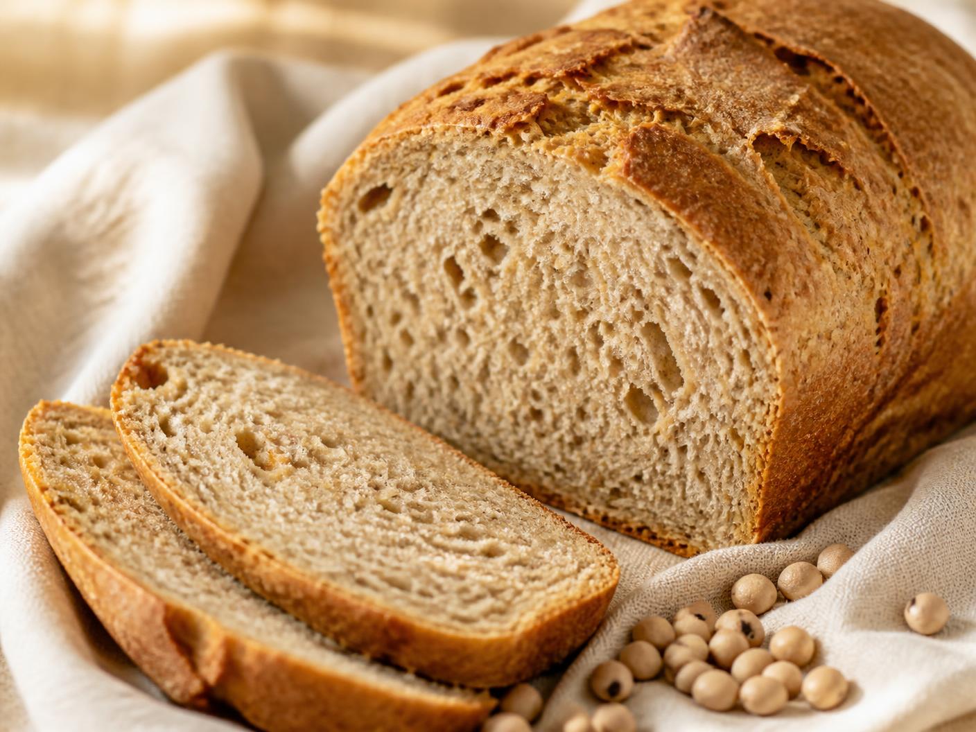 Sliced Bambara bread showing its open crumb
