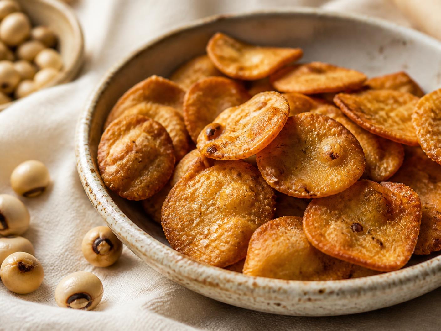 Baked Bambara chips in a ceramic bowl
