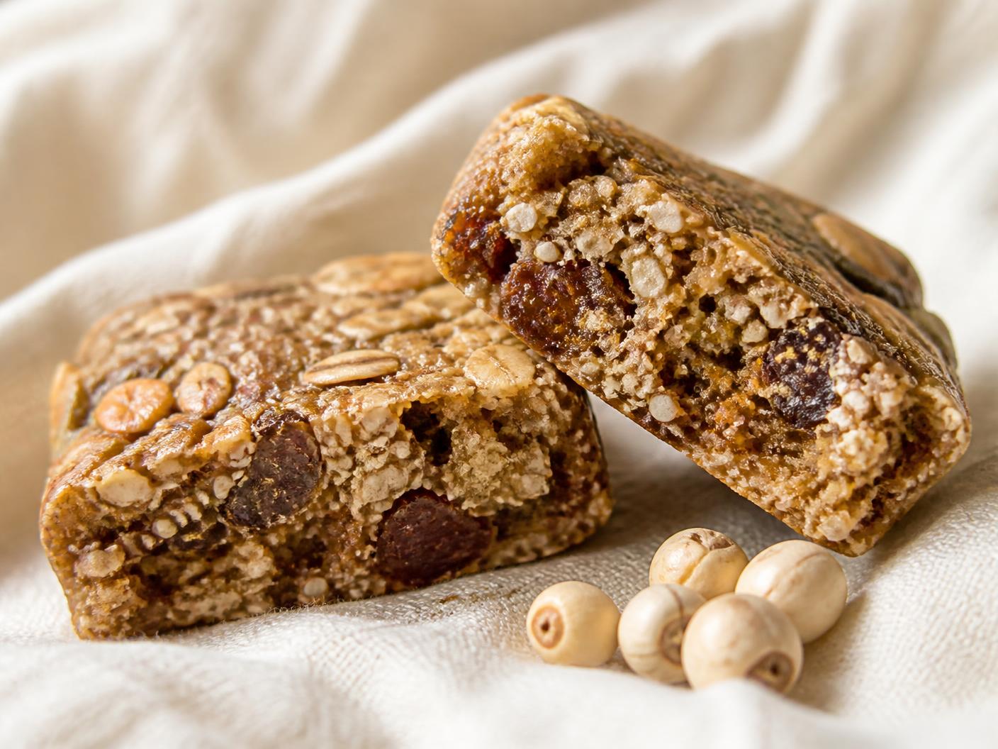 Bambara Crunch Bar broken open, showing dates, fonio and seeds